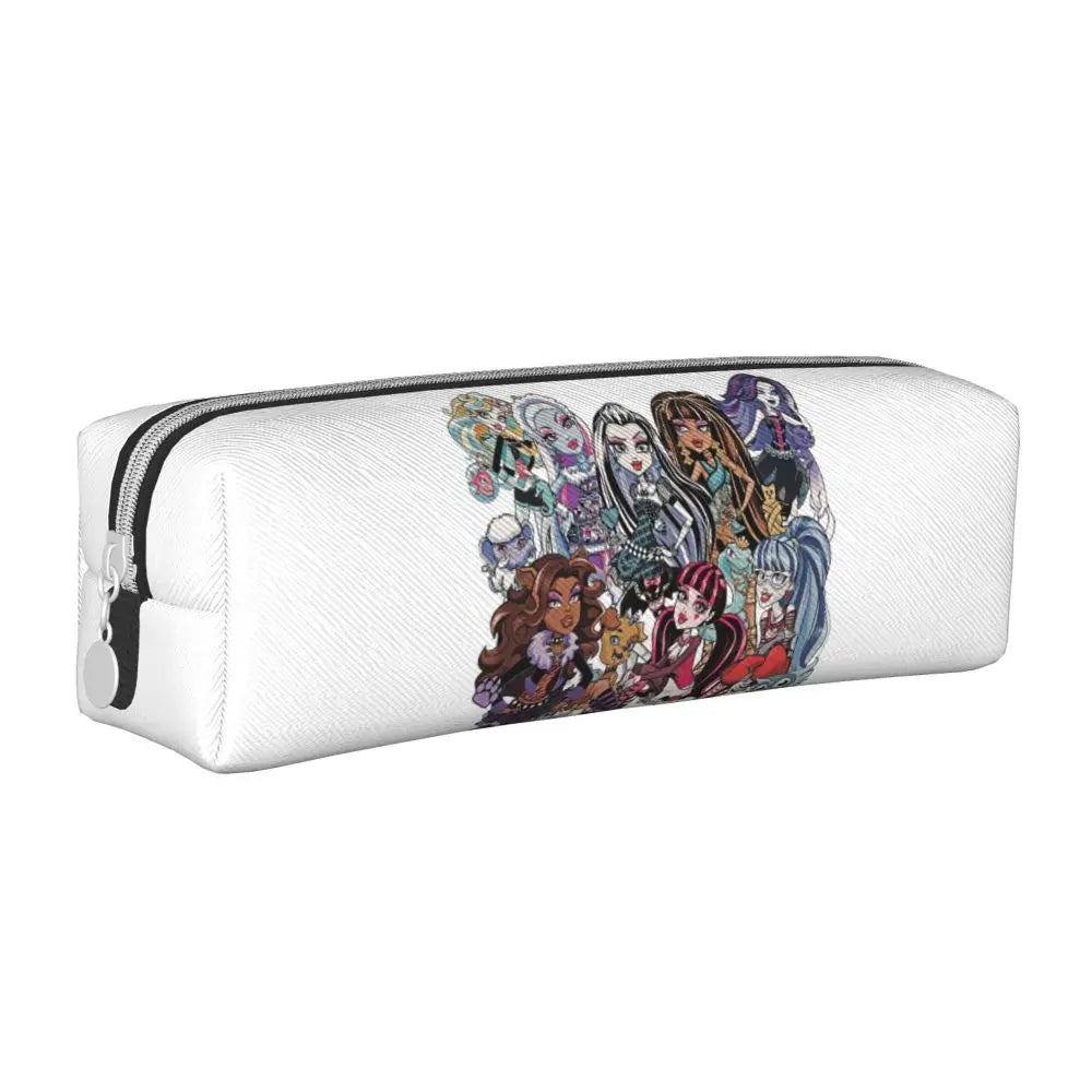 A white zippered pencil case featuring colorful illustrations of various female characters.