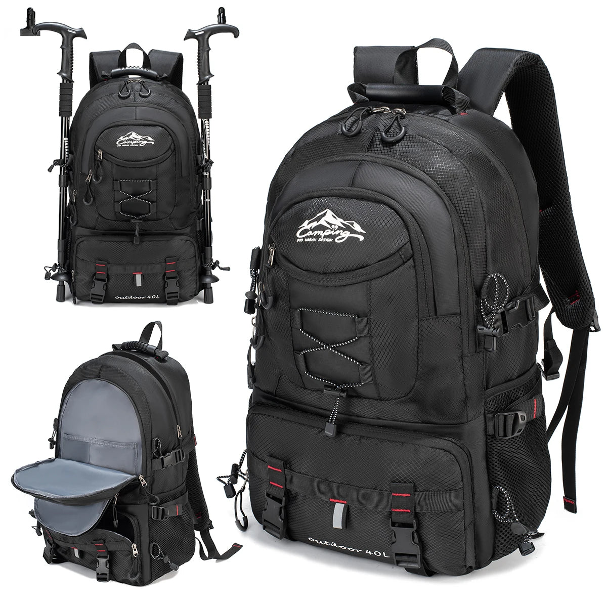 Black waterproof 40L hiking backpack with a laptop sleeve shown from the back and side.