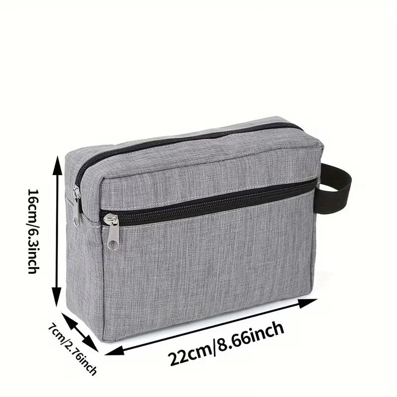 A gray multifunctional travel toiletry bag with black trim and zipper, shown flat.