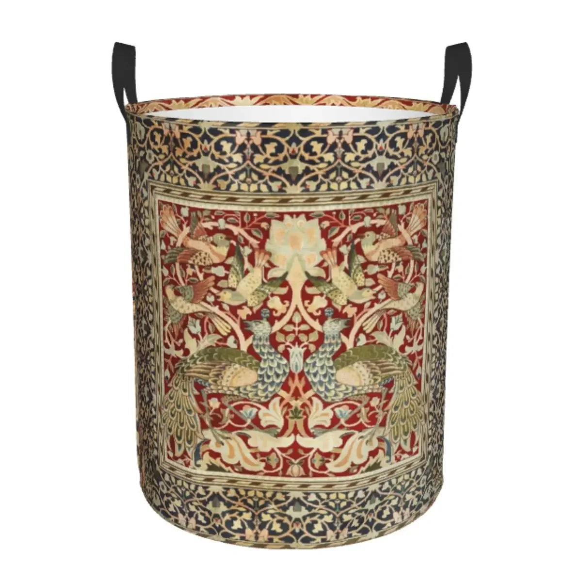 A vintage floral laundry hamper made of fabric with intricate patterns in shades of red, gold, and green.