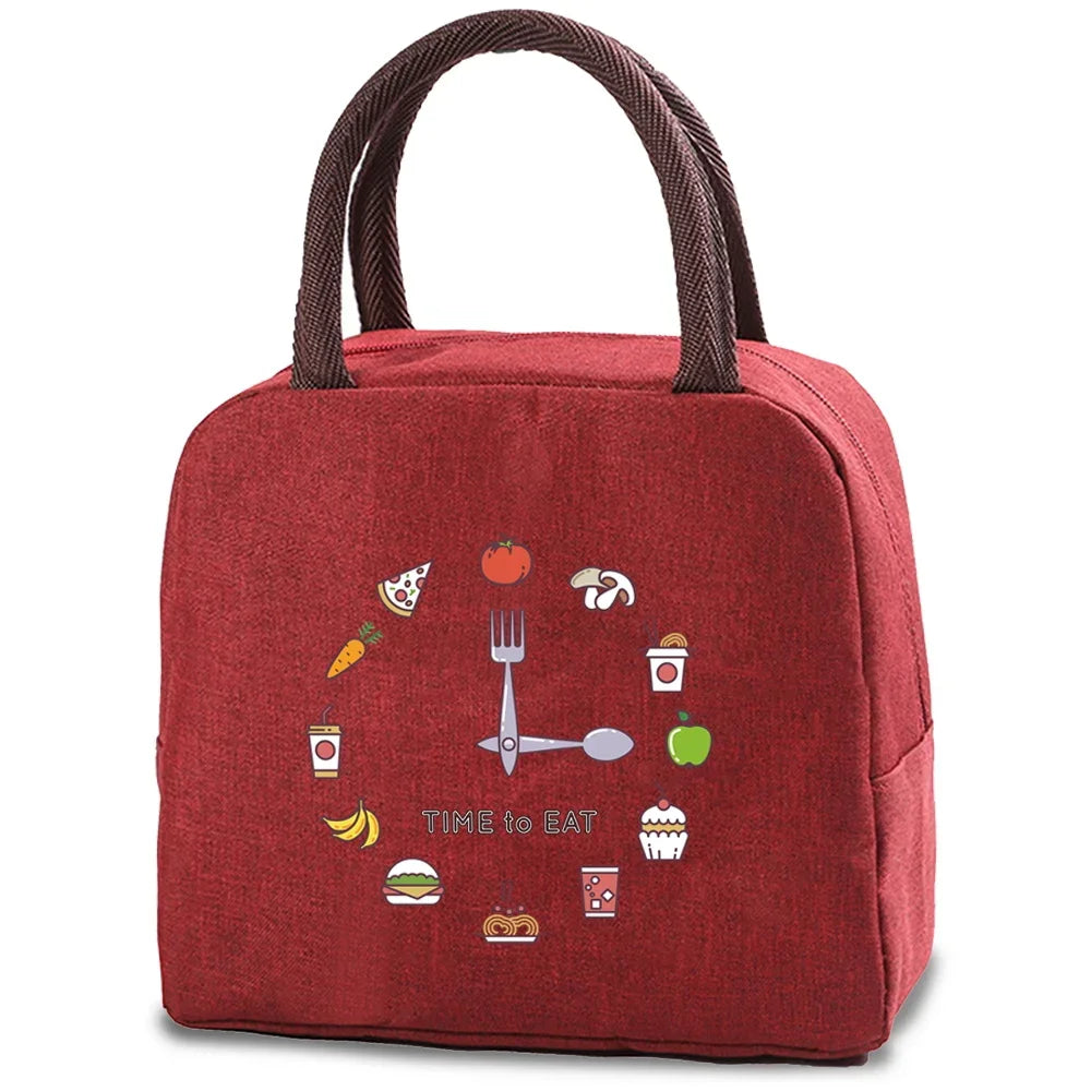 A maroon insulated canvas lunch bag featuring various food icons like a fork, sandwich, and apple.