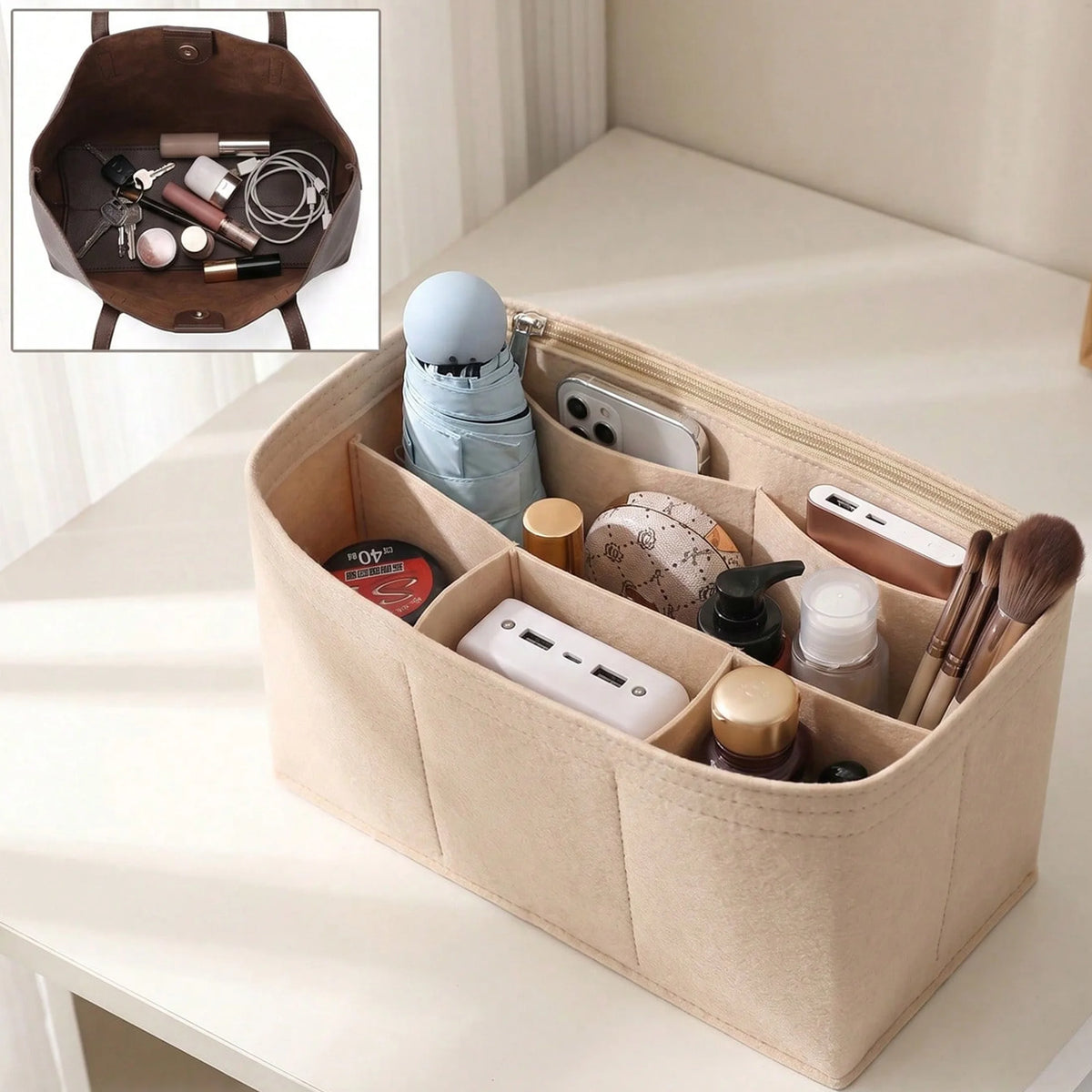 A beige felt handbag organizer pouch containing various makeup and grooming tools.
