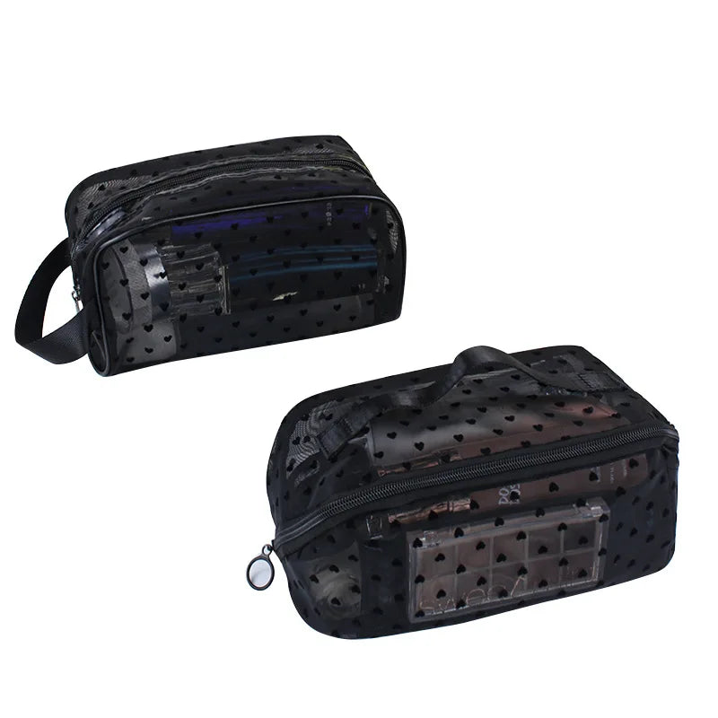 Black mesh transparent makeup storage bag with a zipper and strap