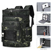 A camouflage patterned travel backpack with various pockets and features shown in detail.