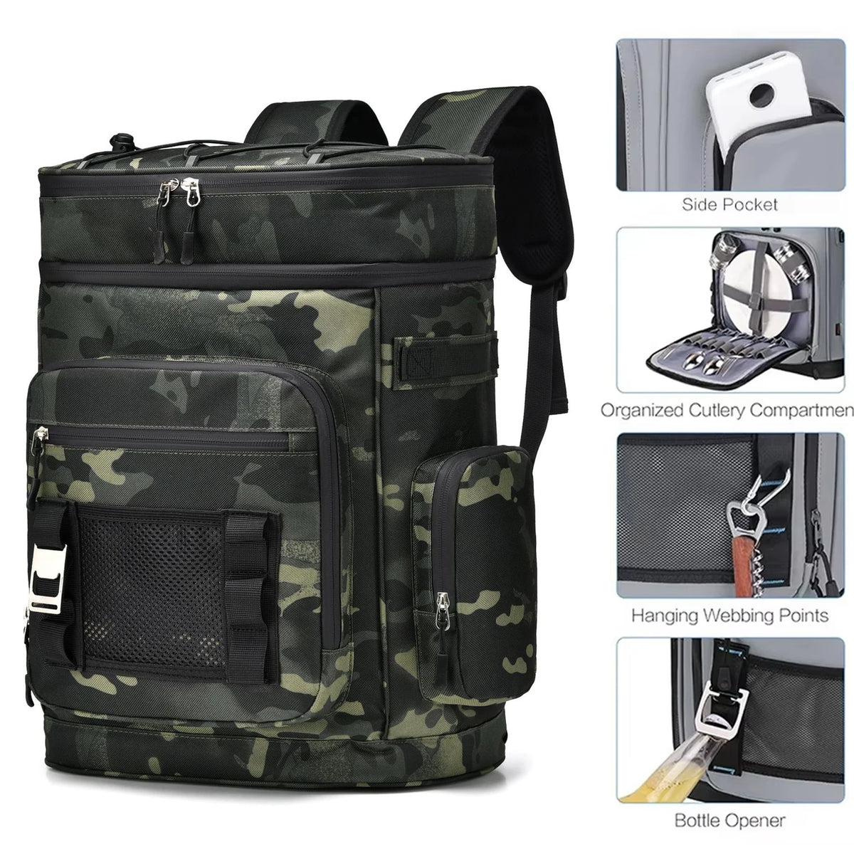 A camouflage patterned travel backpack with various pockets and features shown in detail.