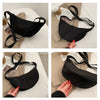 A black women's preppy sling crossbody bag is shown in various angles against a light background.