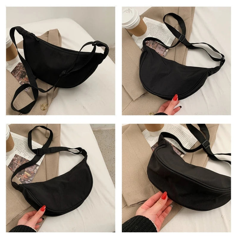 A black women's preppy sling crossbody bag is shown in various angles against a light background.