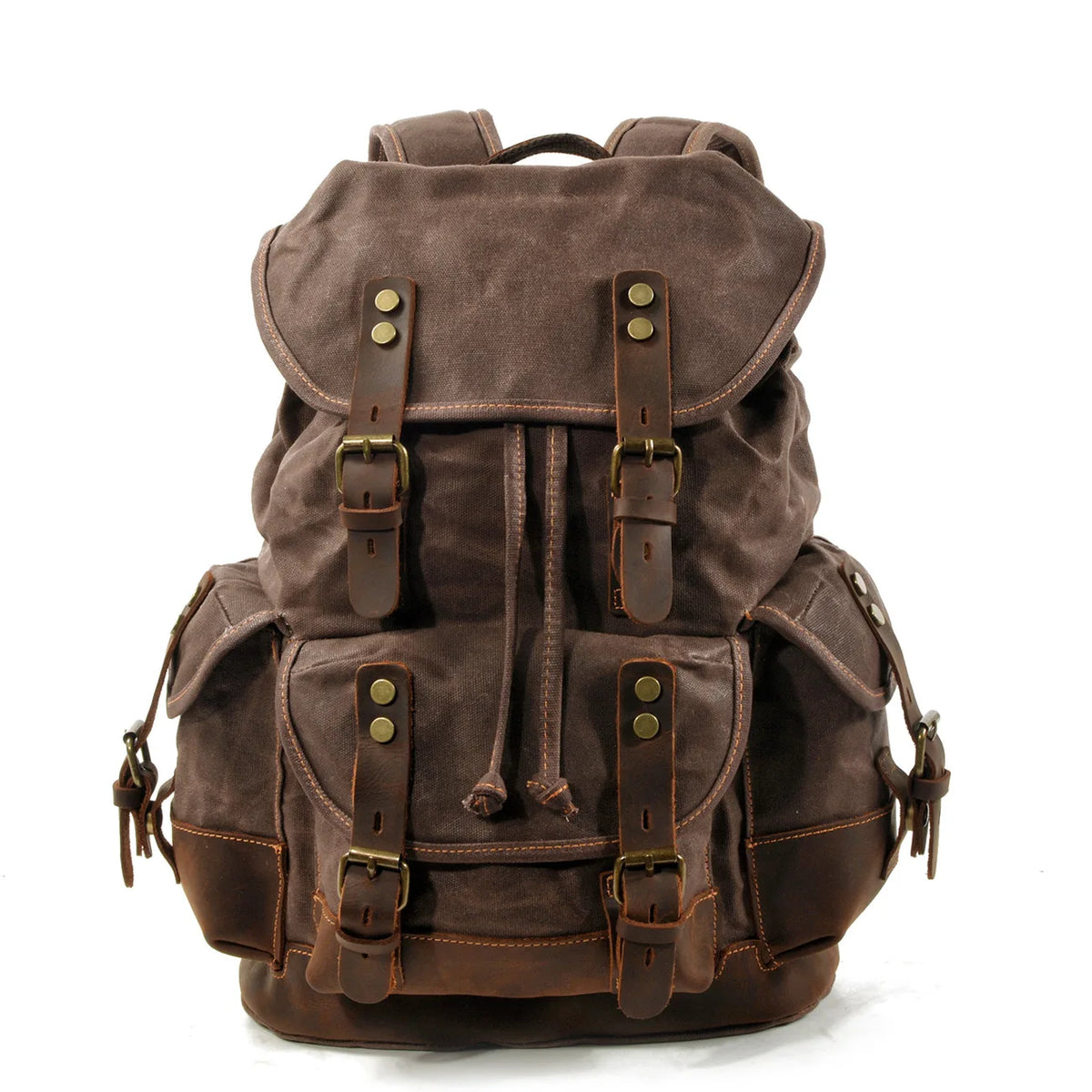 Mochila de senderismo de lona marrón con correas y hebillas de cuero.