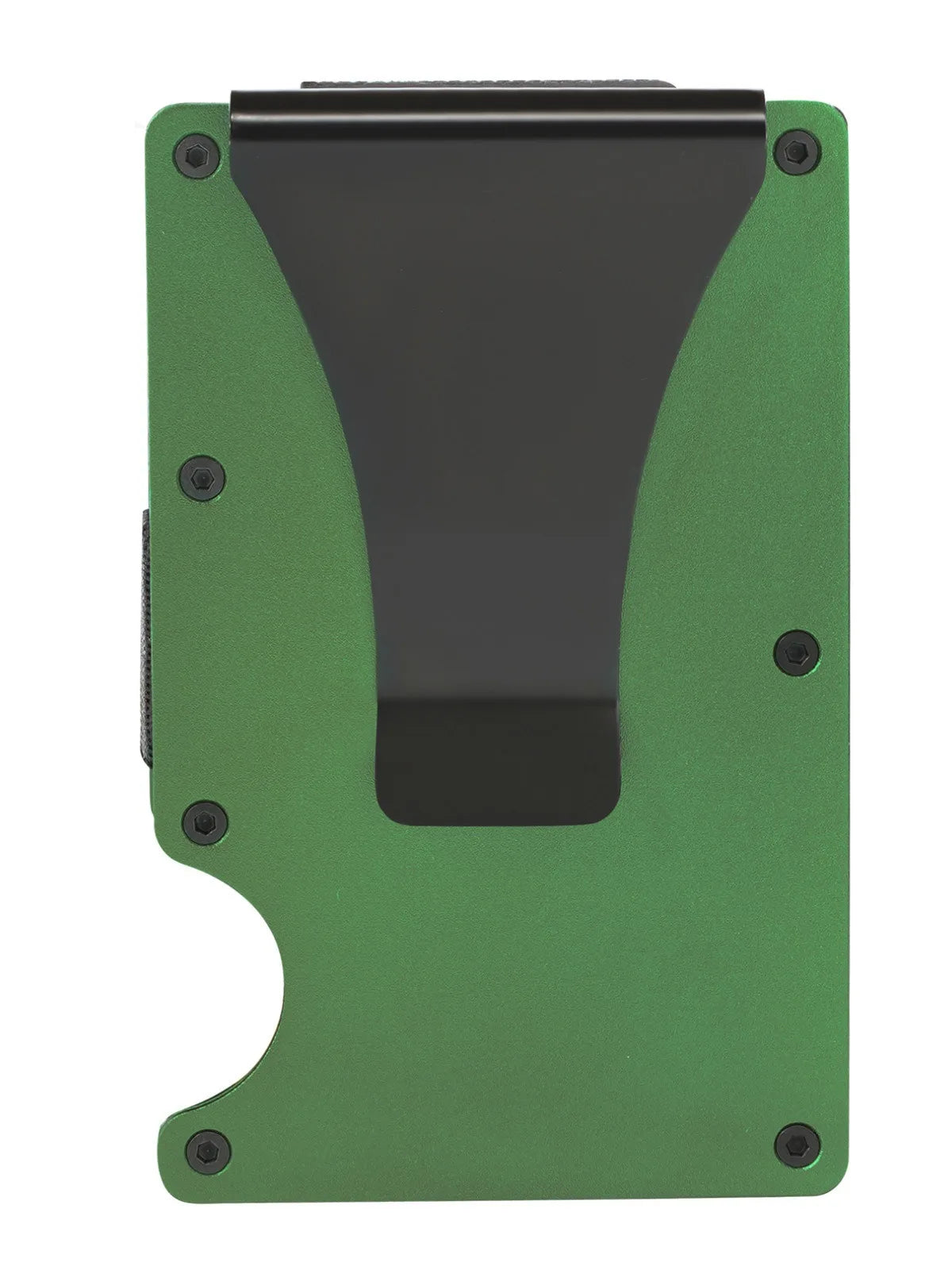 Cartera minimalista de aluminio verde con bloqueo RFID y cubierta protectora negra.