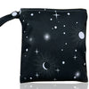 Black reusable waterproof snack bag with a starry night pattern and zipper closure.