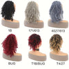 A collection of 14-inch kinky curly drawstring hair extensions in various shades including black, gray, blue, red, and blonde