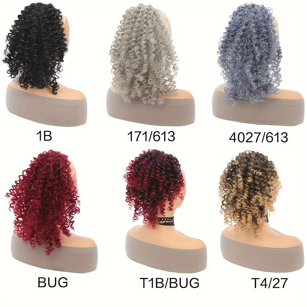 A collection of 14-inch kinky curly drawstring hair extensions in various shades including black, gray, blue, red, and blonde