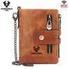 Brown genuine leather bifold wallet with RFID blocking protection and a double zipper closure