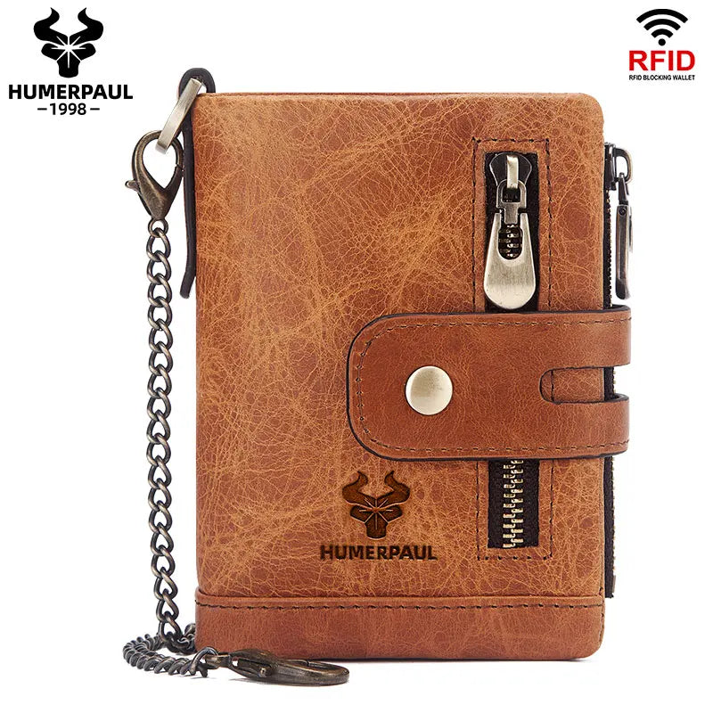 Brown genuine leather bifold wallet with RFID blocking protection and a double zipper closure