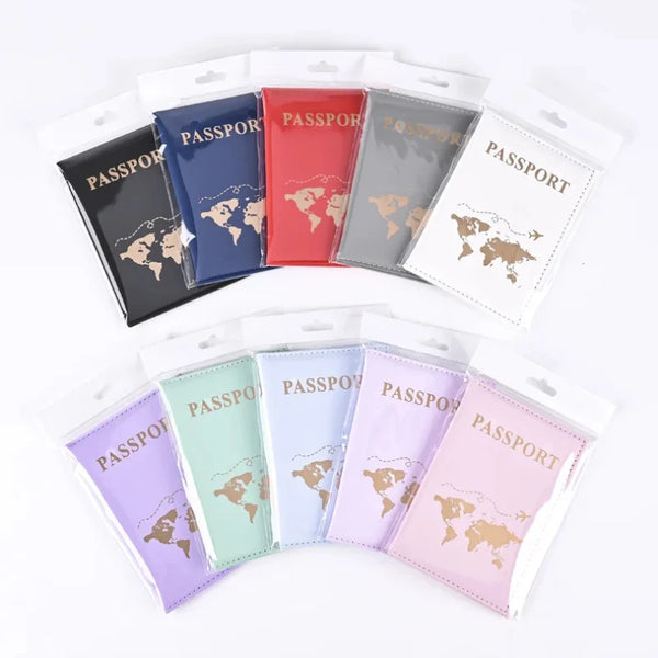 A collection of genuine PU leather passport holder covers in various colors and designs displayed in clear plastic packaging.