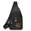 Black compact oxford crossbody sling bag with orange accents and a sporty design.