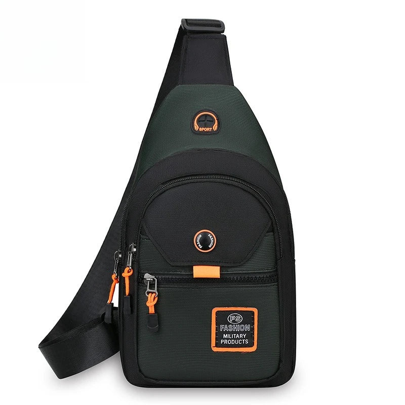 Black compact oxford crossbody sling bag with orange accents and a sporty design.