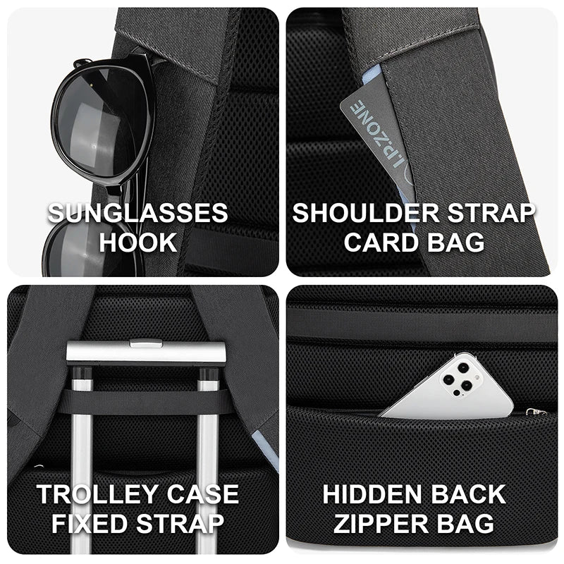 A black laptop backpack showing various features including sunglasses hook, shoulder strap card bag, trolley case fixed strap
