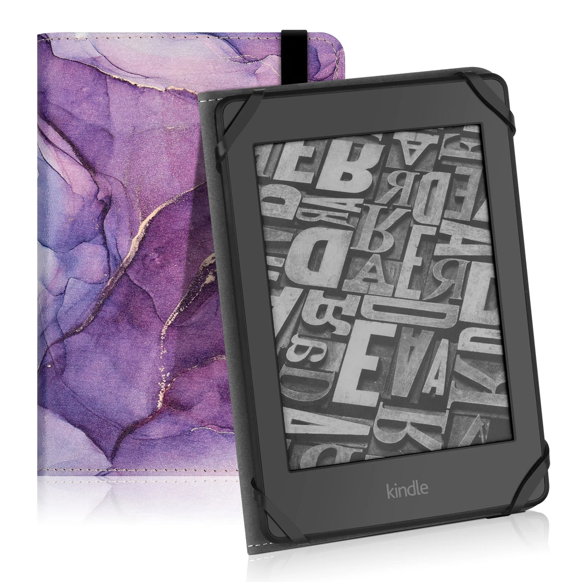 A Kindle e-reader with a purple marble-patterned cover and a black protective strap.
