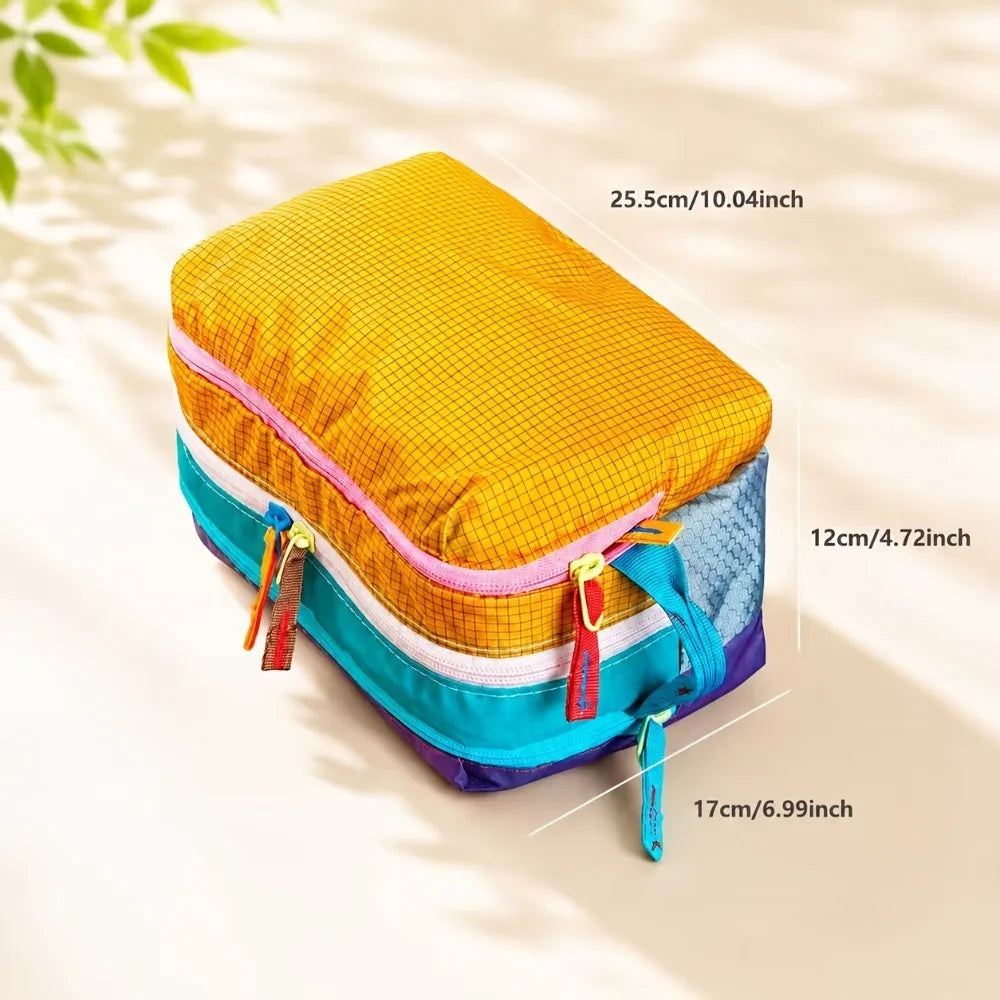 A yellow and blue multi-compartment travel toiletry organizer bag shown from above.