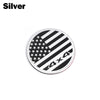 Round American flag decal featuring black and white stripes and stars on a silver background.