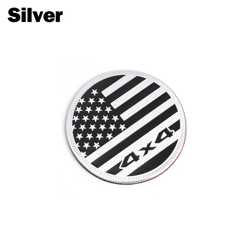 Round American flag decal featuring black and white stripes and stars on a silver background.