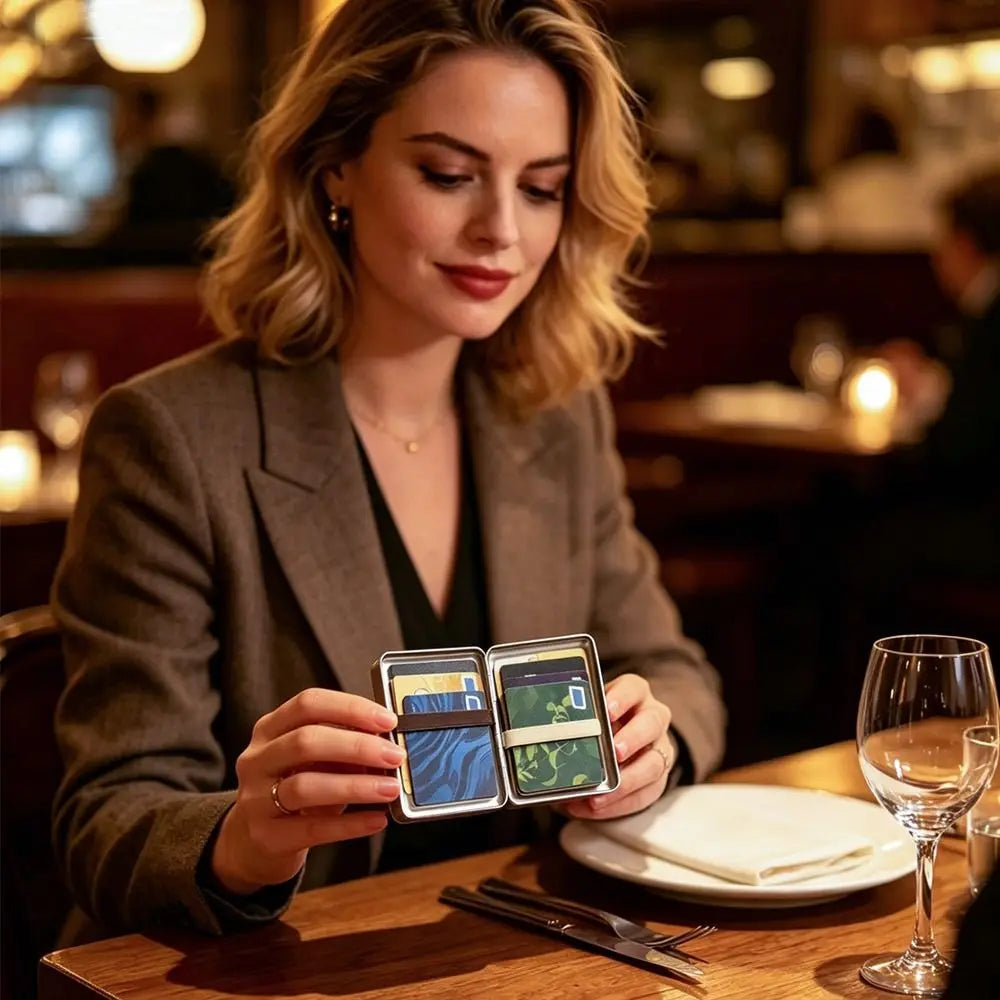 A woman holds a vintage metal card holder displaying two cards on a wooden table.