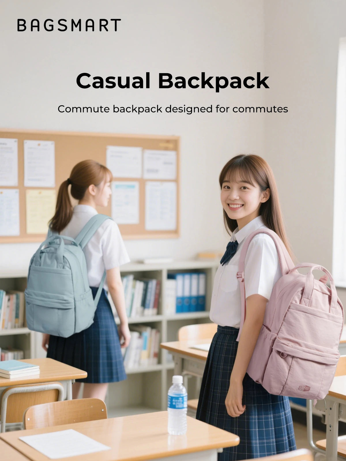 A young woman in a school uniform is shown carrying a pink backpack while standing near desks.