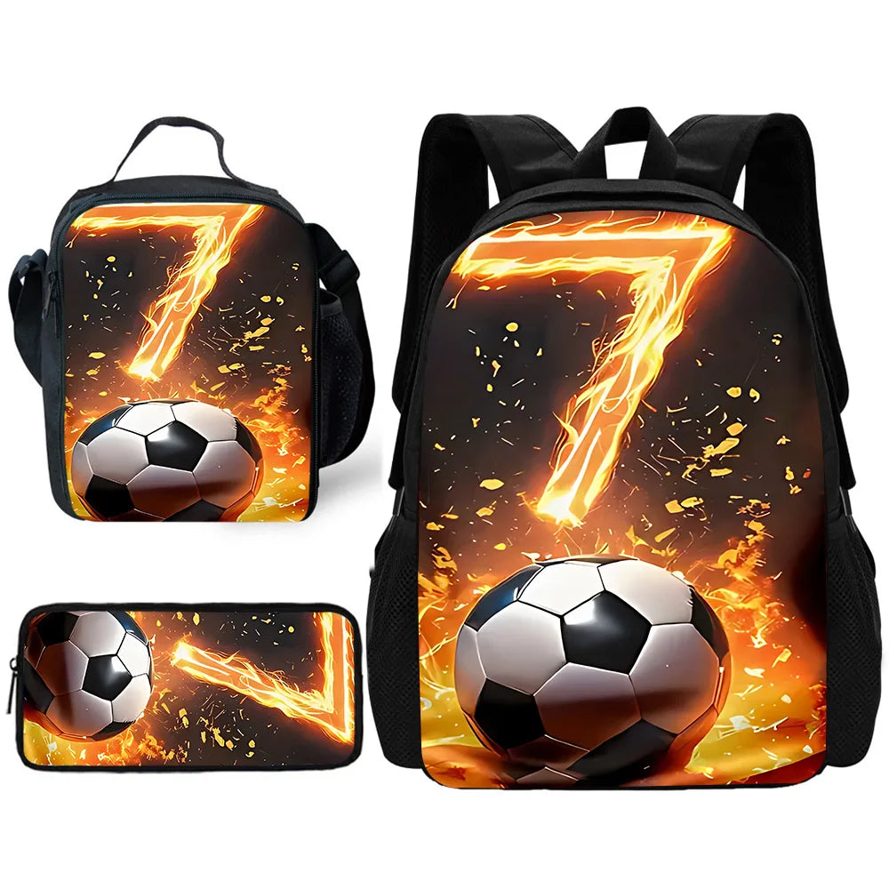A black backpack and matching pouch featuring a large glowing number seven and a soccer ball design.