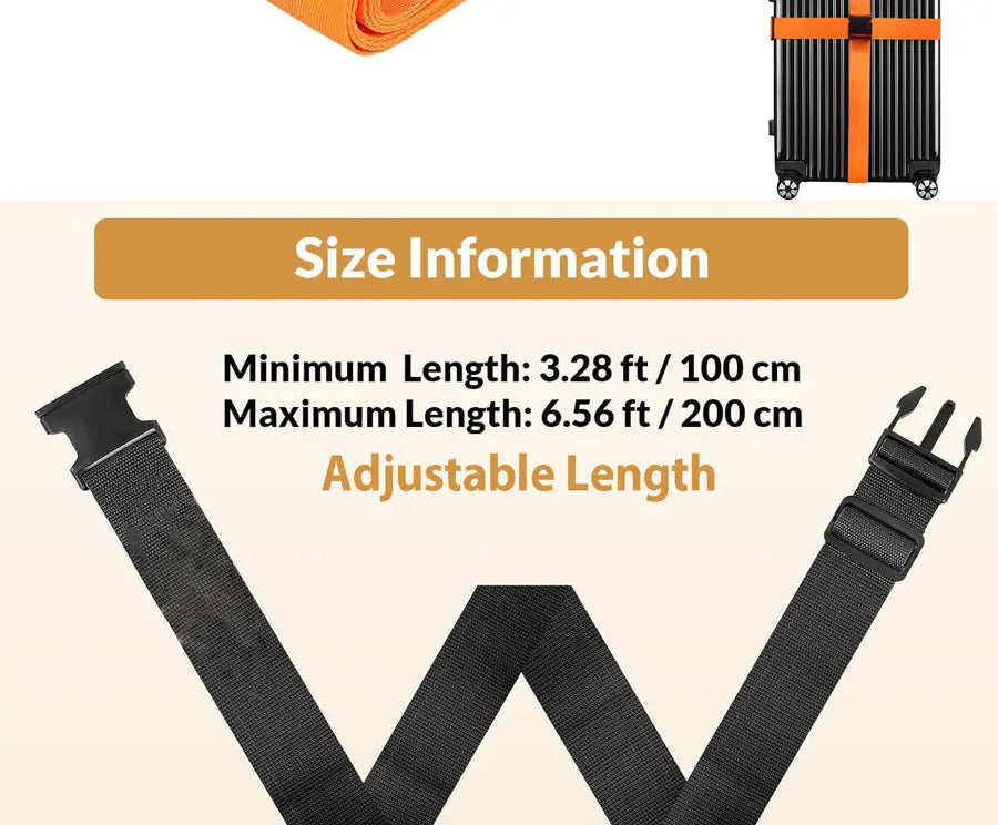 Black adjustable luggage identification straps shown with size information and a corrugated box.