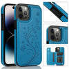 A turquoise wallet flip case for an iPhone shown in various angles and with a separate card holder.