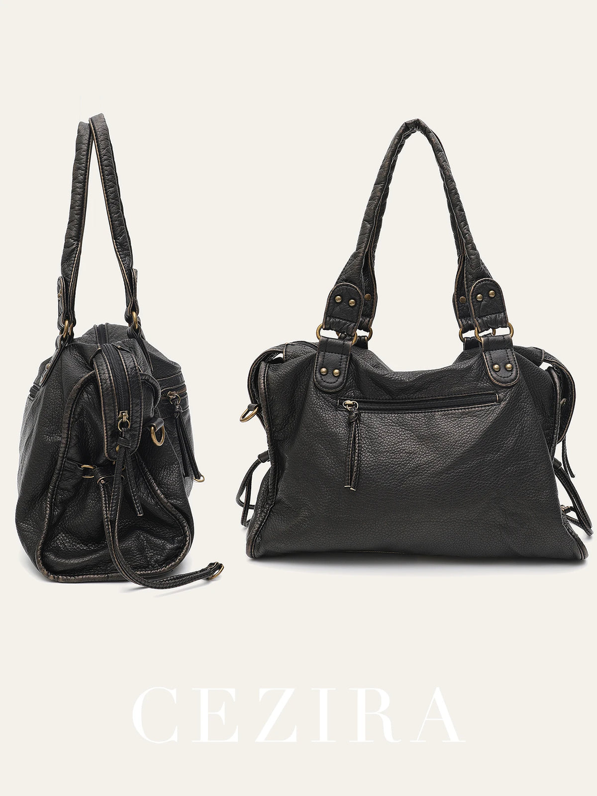 Schwarze Vintage-PU-Leder-Tasche mit Lederriemen und Reißverschlusstaschen.