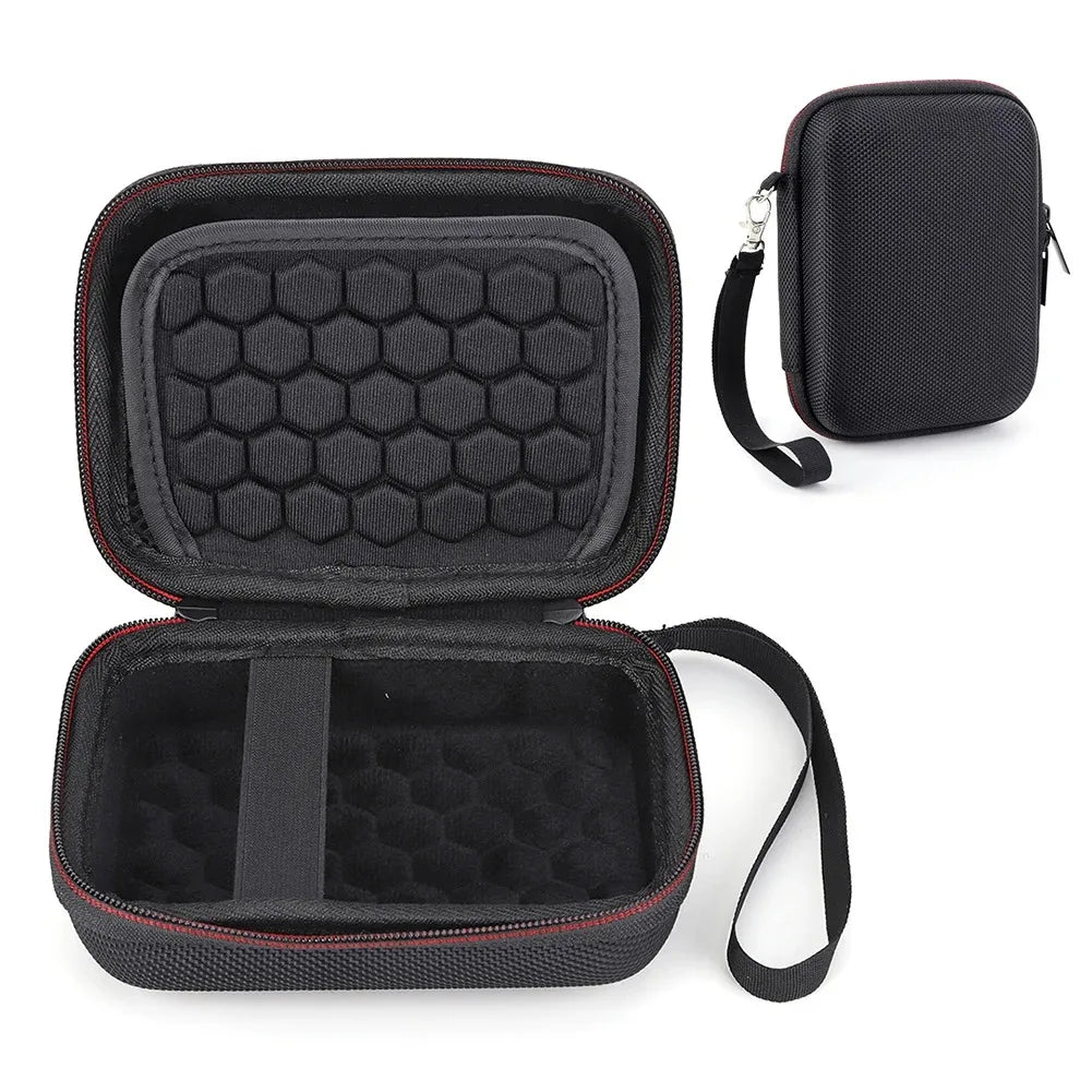 Black portable hard case for handheld consoles shown with an open lid and a separate zippered pouch.