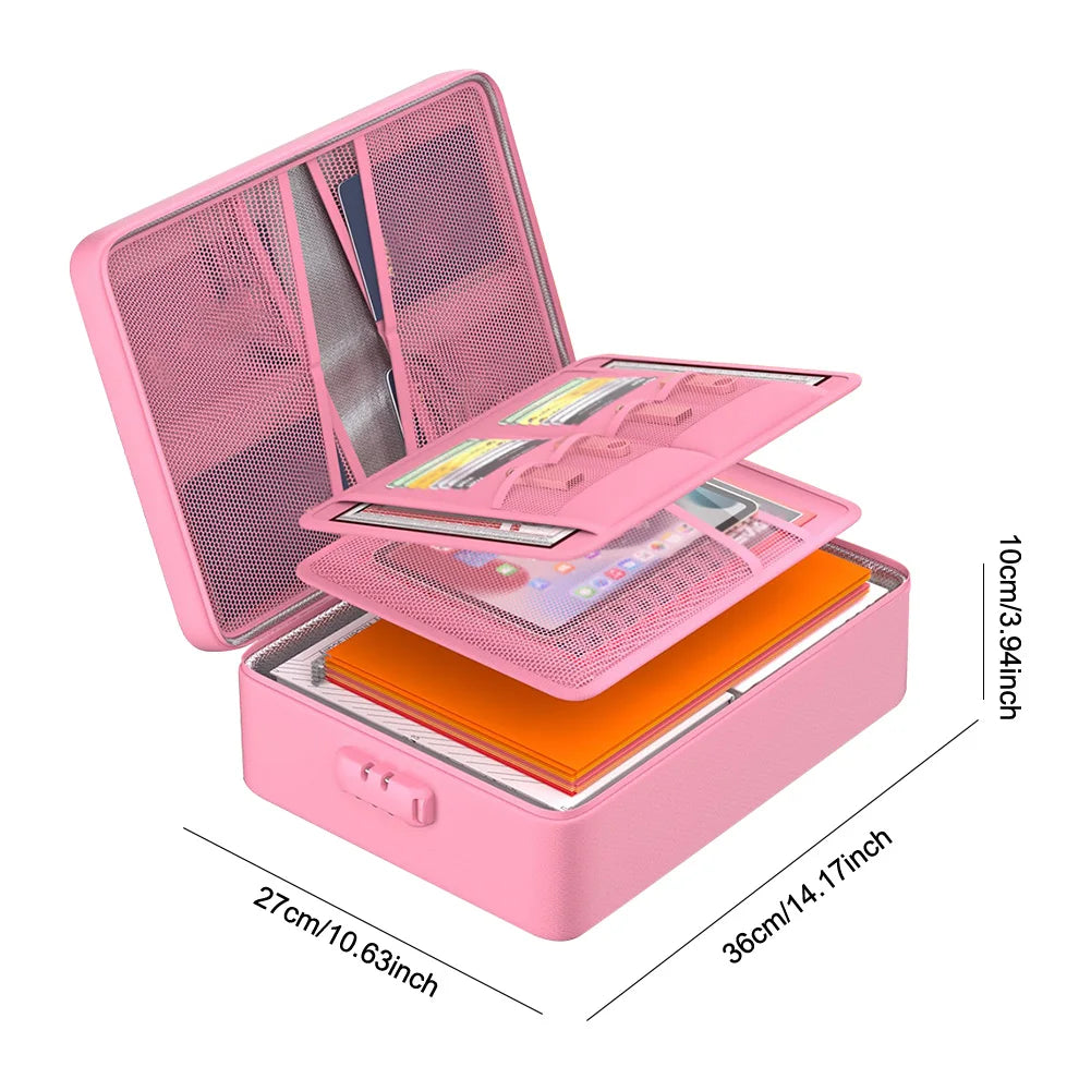 A pink fireproof multi-layer document organizer box with a mesh lid displaying organized documents.