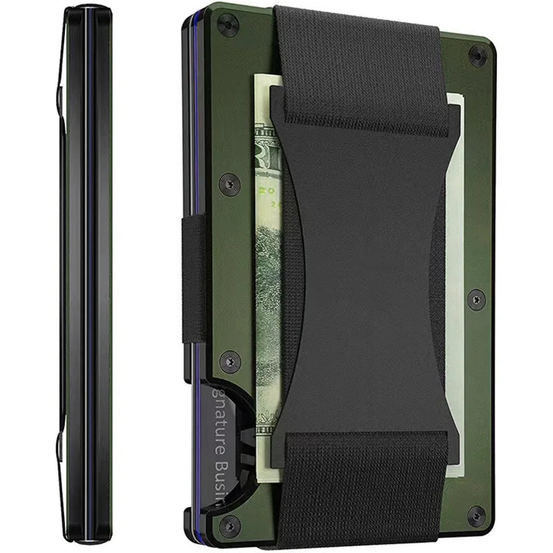 A slim metal RFID protection card holder wallet in dark green with a black strap.