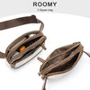 A brown and white 3 zipper bag featuring a PU leather strap and multiple compartments.