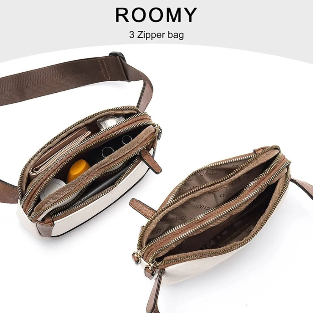 A brown and white 3 zipper bag featuring a PU leather strap and multiple compartments.