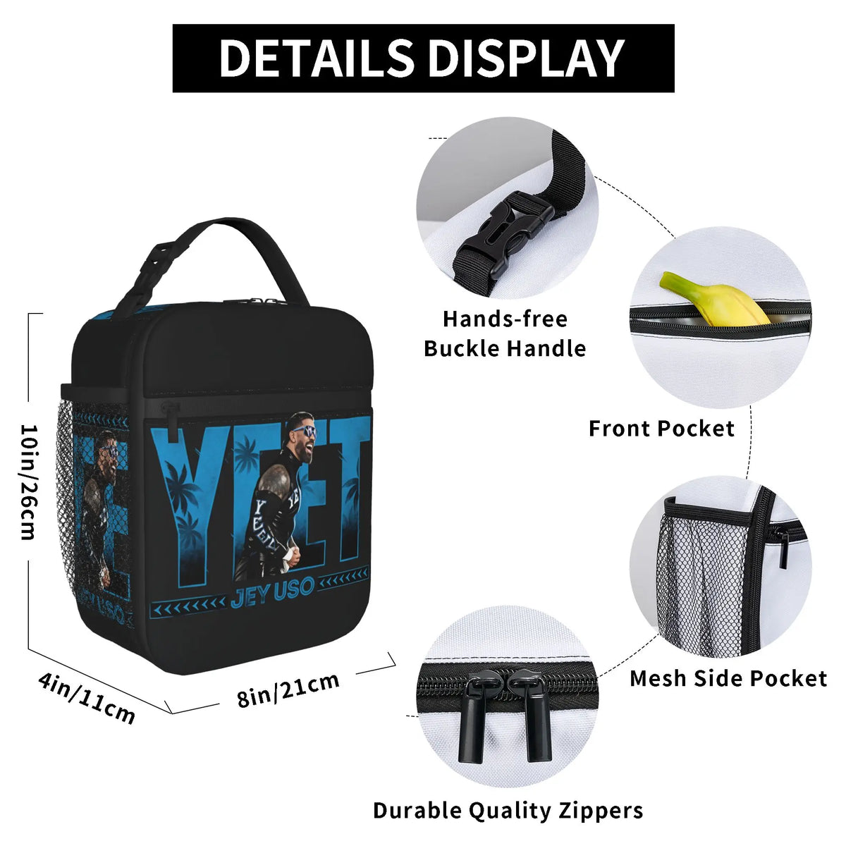 A black vintage print lunch bag with various features like a buckle handle, front pocket, mesh side pocket, and durable zippe