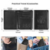 Black RFID blocking PU leather passport holder with a clear view of its dimensions and features.