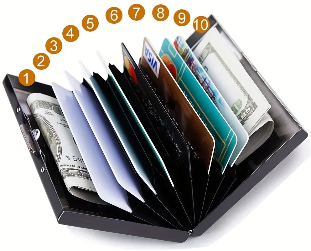 Schwarzes Metal-RFID-Kreditkarten-Wallet mit zehn nummerierten Kreditkarten von 1 bis 10
