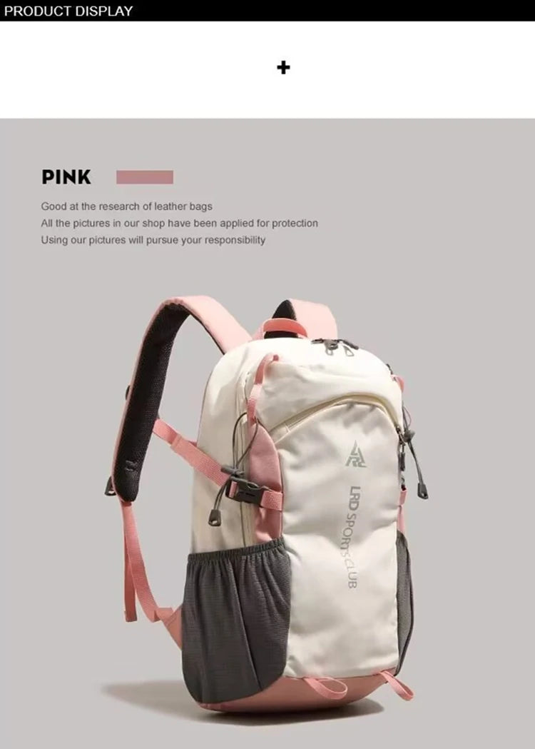 A pink and white hiking backpack with black accents displayed against a light gray background.