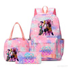 A pink multi-compartment backpack set featuring anime characters and floral patterns.