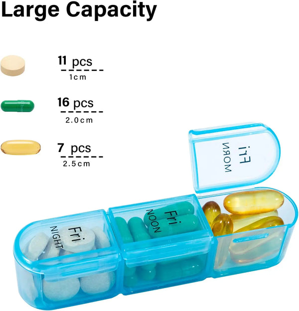 A clear blue weekly pill organizer with compartments for pills, showing various sizes and quantities.