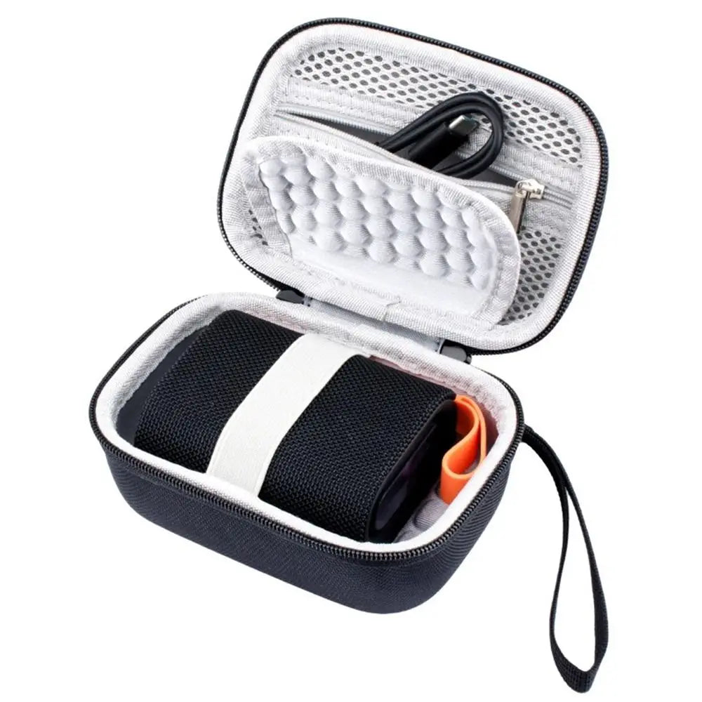 Open black and white durable EVA hard shell camera case with padded interior and carrying strap