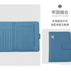 A blue slim PU leather wallet with a fold-over design and stitching details.