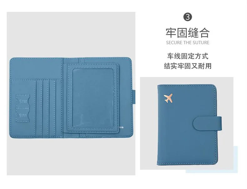A blue slim PU leather wallet with a fold-over design and stitching details.