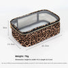 A leopard print waterproof cosmetic organizer bag shown from above with dimensions 8cm x 14.5cm x 22.5cm