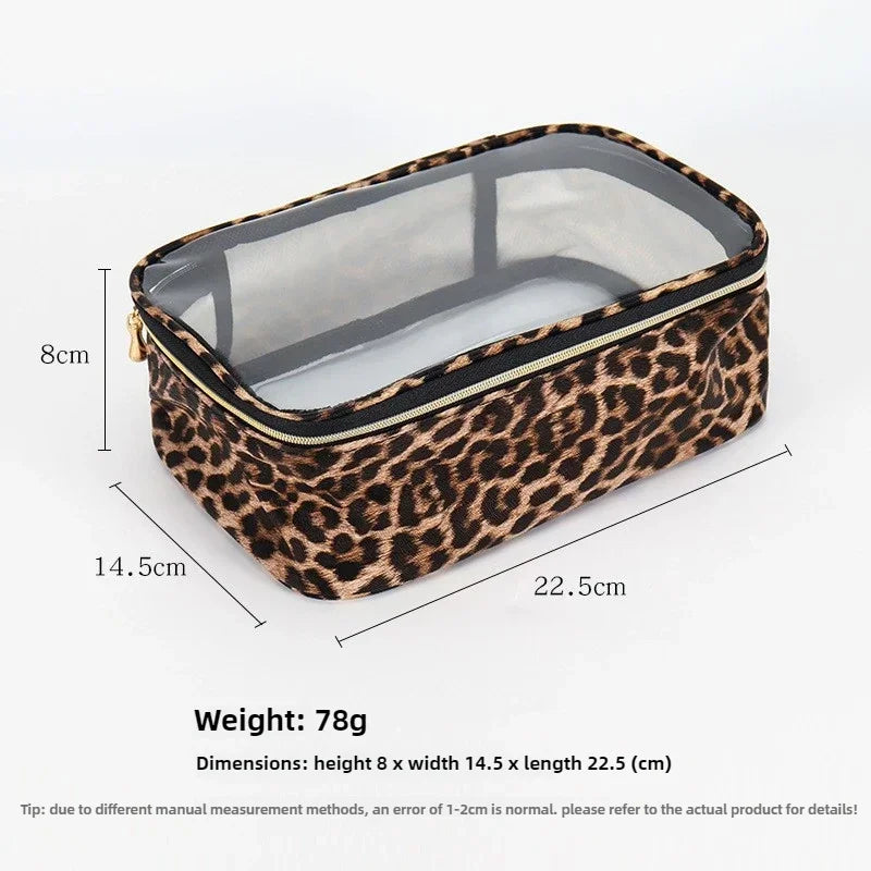 A leopard print waterproof cosmetic organizer bag shown from above with dimensions 8cm x 14.5cm x 22.5cm