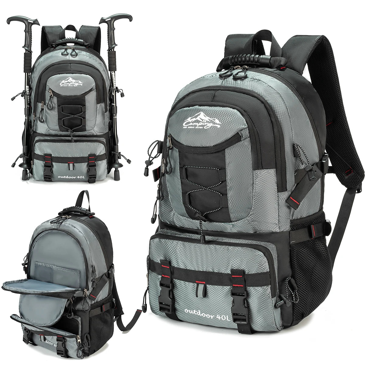 A gray and black waterproof 40L hiking backpack shown in multiple views.