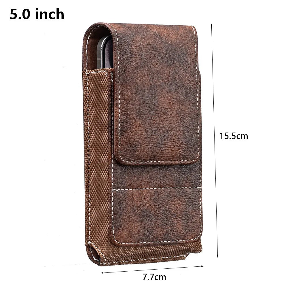A brown PU leather phone waist pouch featuring a belt clip and stitched details.